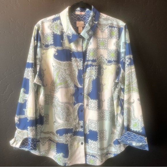 CHICO'S PAISLEY POP GIANA BLOUSE SZ  3 Paisley Print Blue and Green Women's Top - Picture 4 of 15